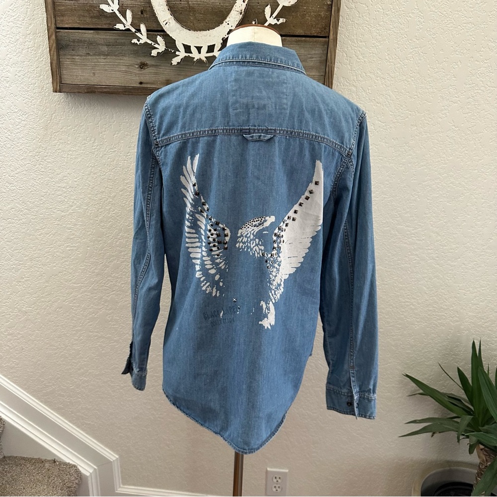 Harley-Davidson Black Label Collection Blue Pearl Snap Denim Shirt Ladies XL - Picture 3 of 11